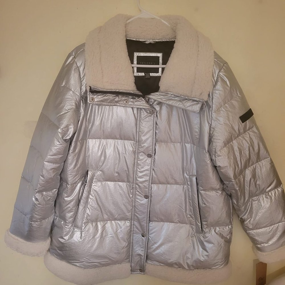 Water Resistant Puffer Jacket with Faux Shearling Trim sz XL
